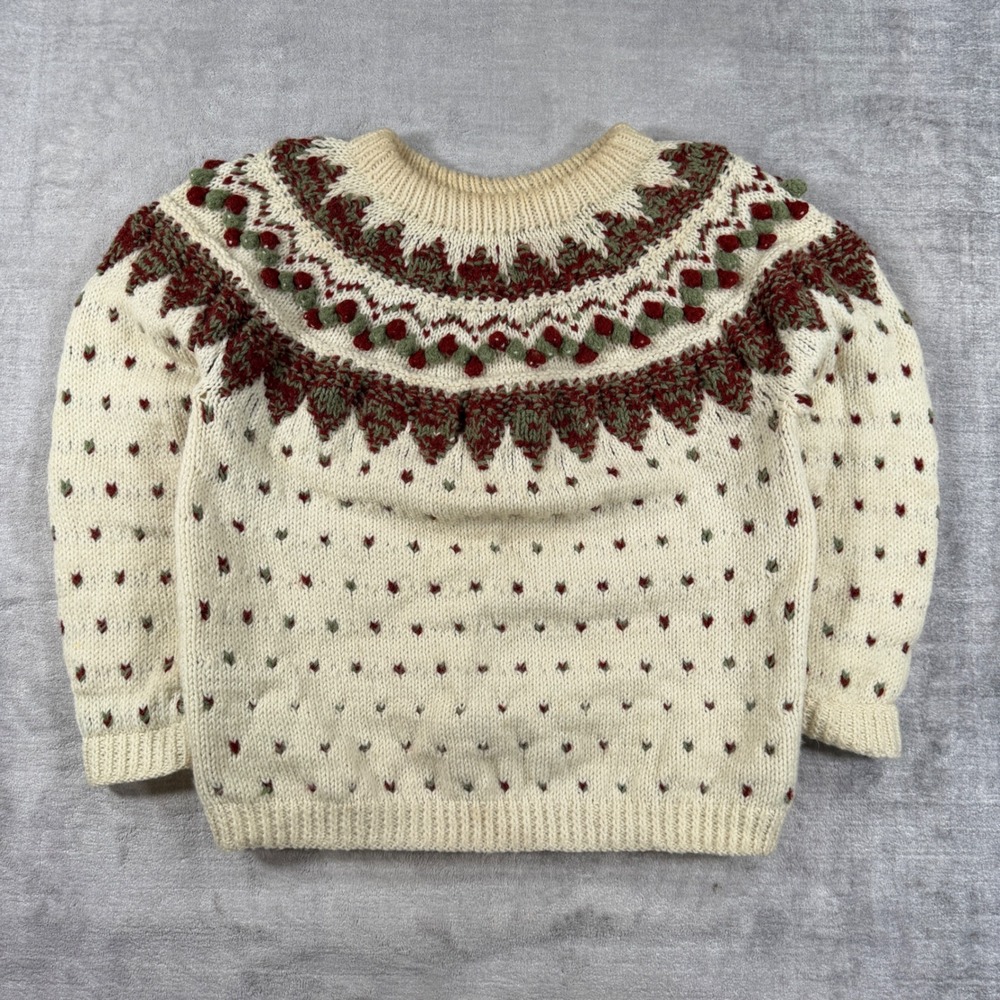 Vintage Handknit Sweater Women Medium Cream Fair Isle Heart Popcorn Knit